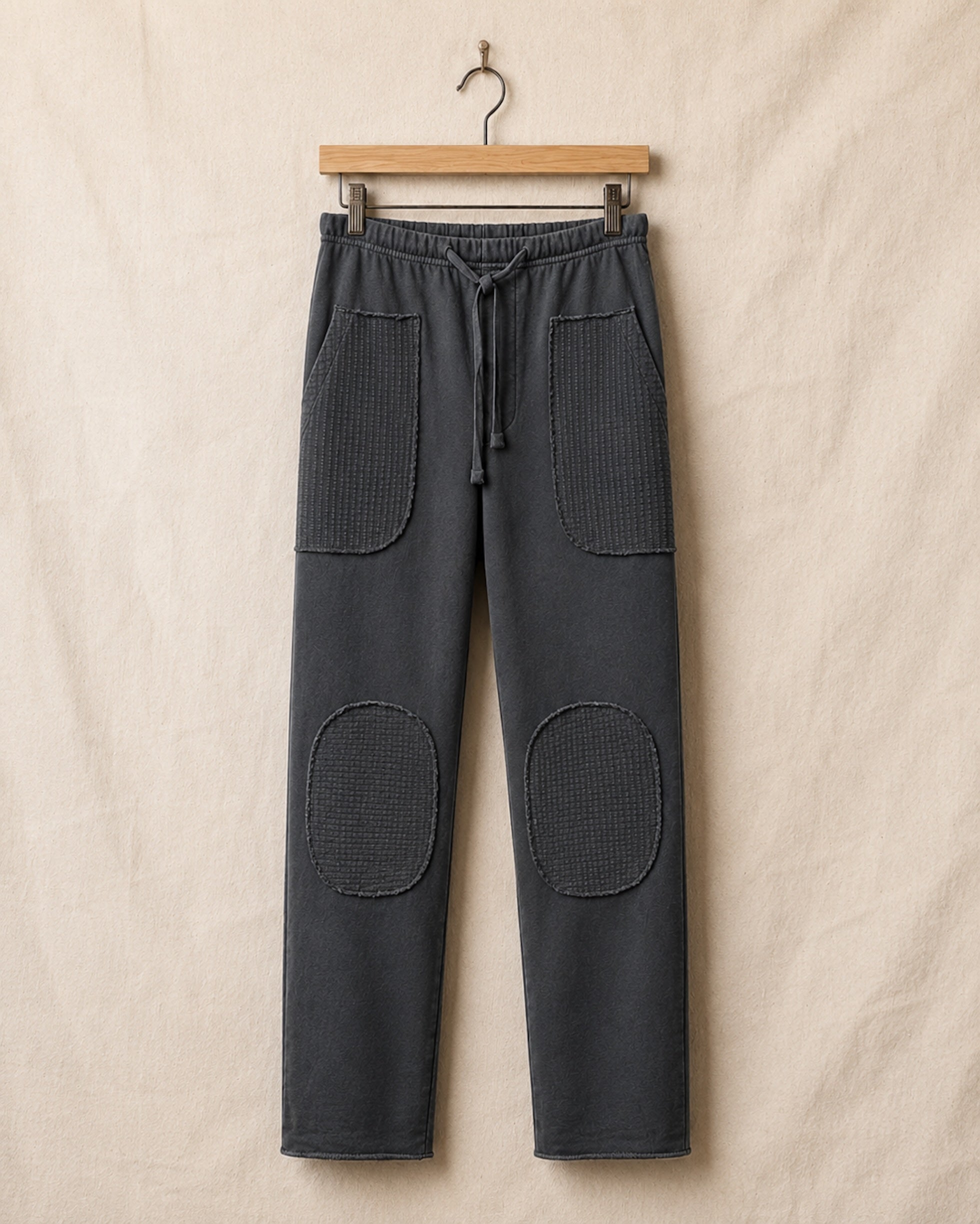 Surfing Cowboys® Surf + Track loopback cotton patch pants in mocha, front view, with drawstring waist, stitched patch pockets, and reinforced knees.