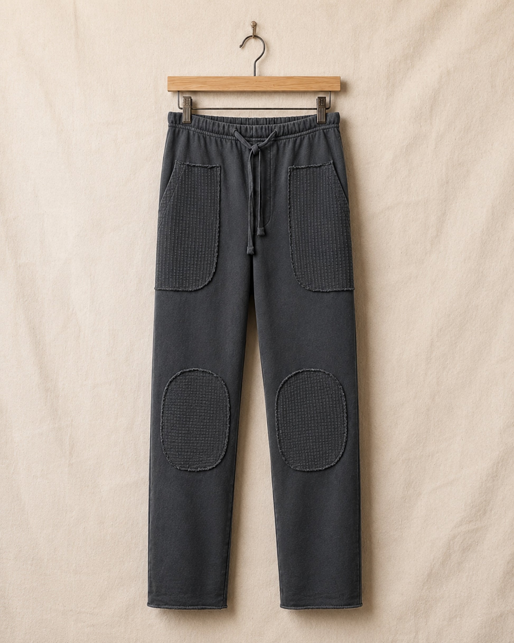 Surfing Cowboys® Surf + Track loopback cotton patch pants in mocha, front view, with drawstring waist, stitched patch pockets, and reinforced knees.