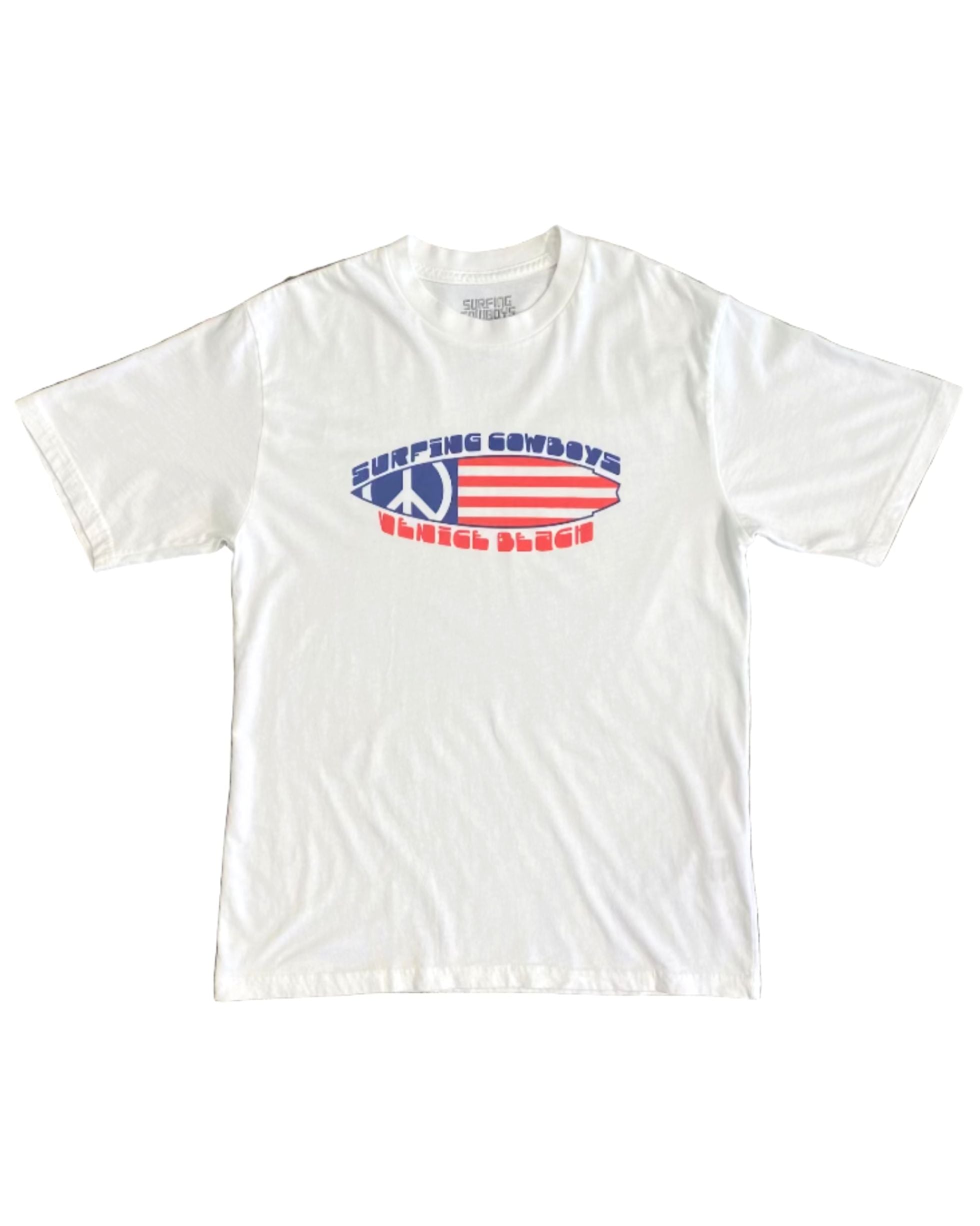 Youth-size white T-shirt with Surfing Cowboys red, white, and blue peace flag surfboard graphic on front.