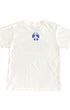 Toddler-size white T-shirt with blue peace sign printed below neckline on back.