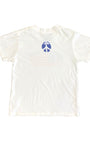 Toddler-size white T-shirt with blue peace sign printed below neckline on back.