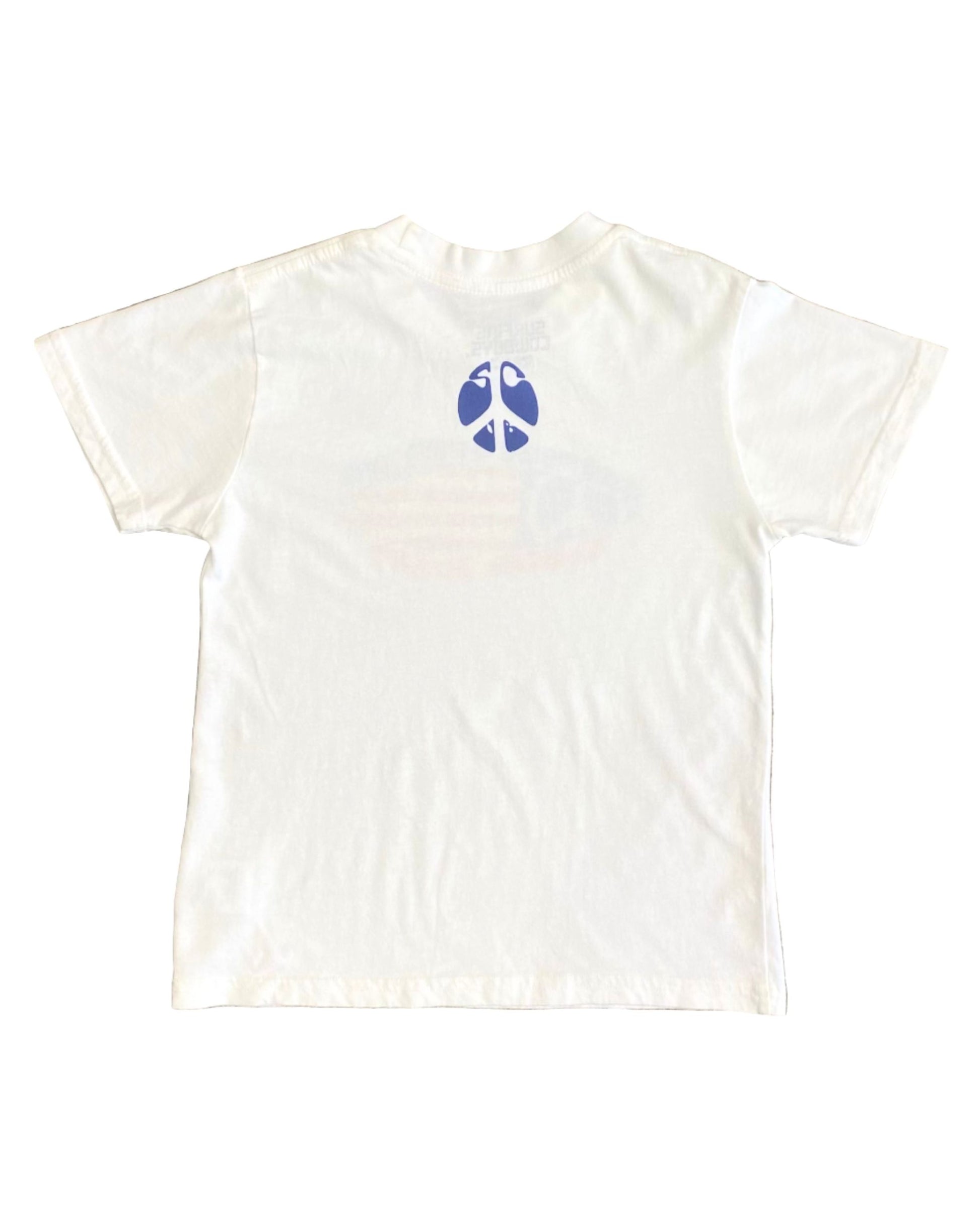 Toddler-size white T-shirt with blue peace sign printed below neckline on back.