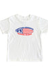 Toddler-size white T-shirt with Surfing Cowboys red, white, and blue peace flag surfboard graphic on front.