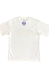 Youth-size white T-shirt with blue peace sign printed below neckline on back.