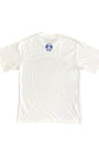 Youth-size white T-shirt with blue peace sign printed below neckline on back.