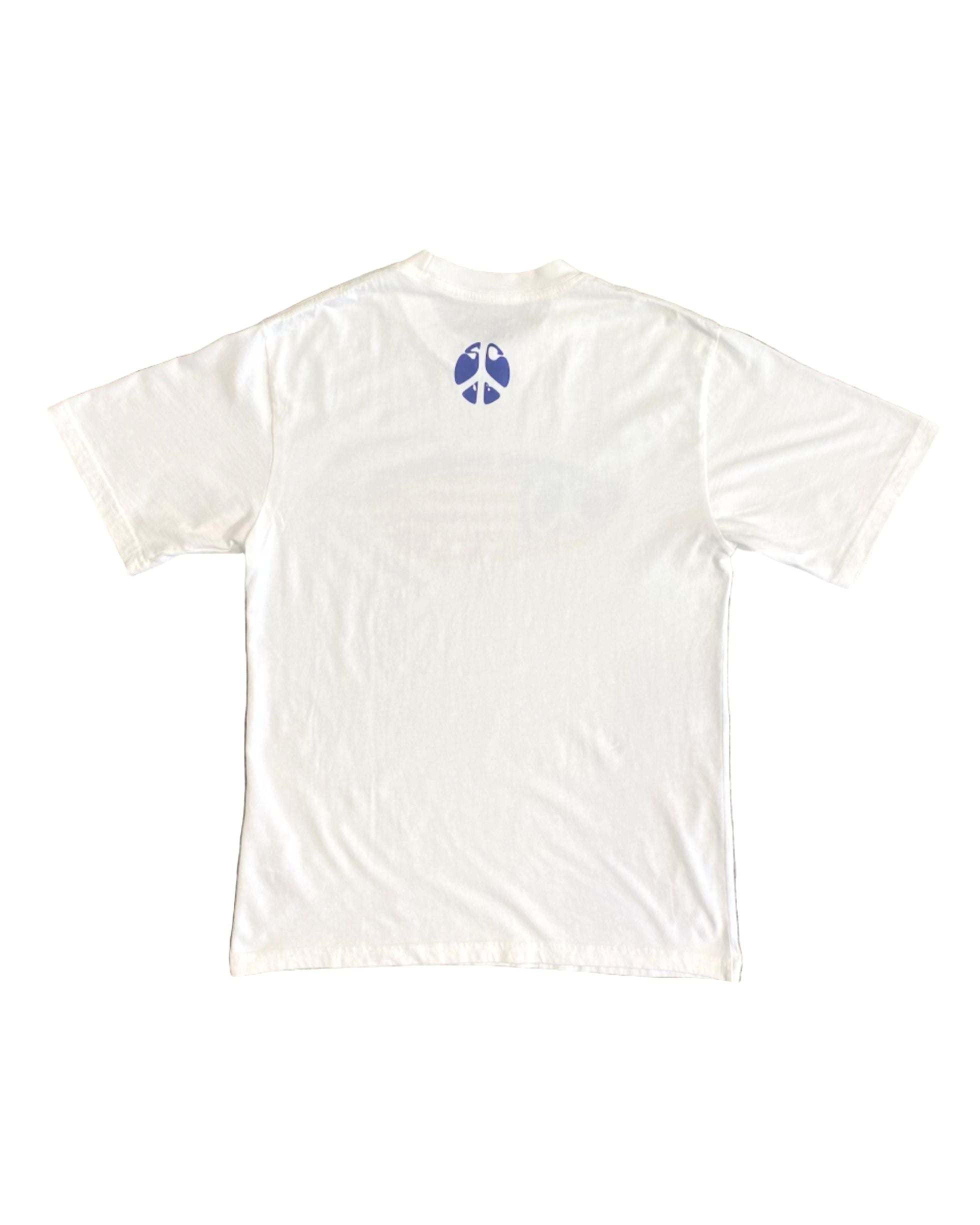 Youth-size white T-shirt with blue peace sign printed below neckline on back.