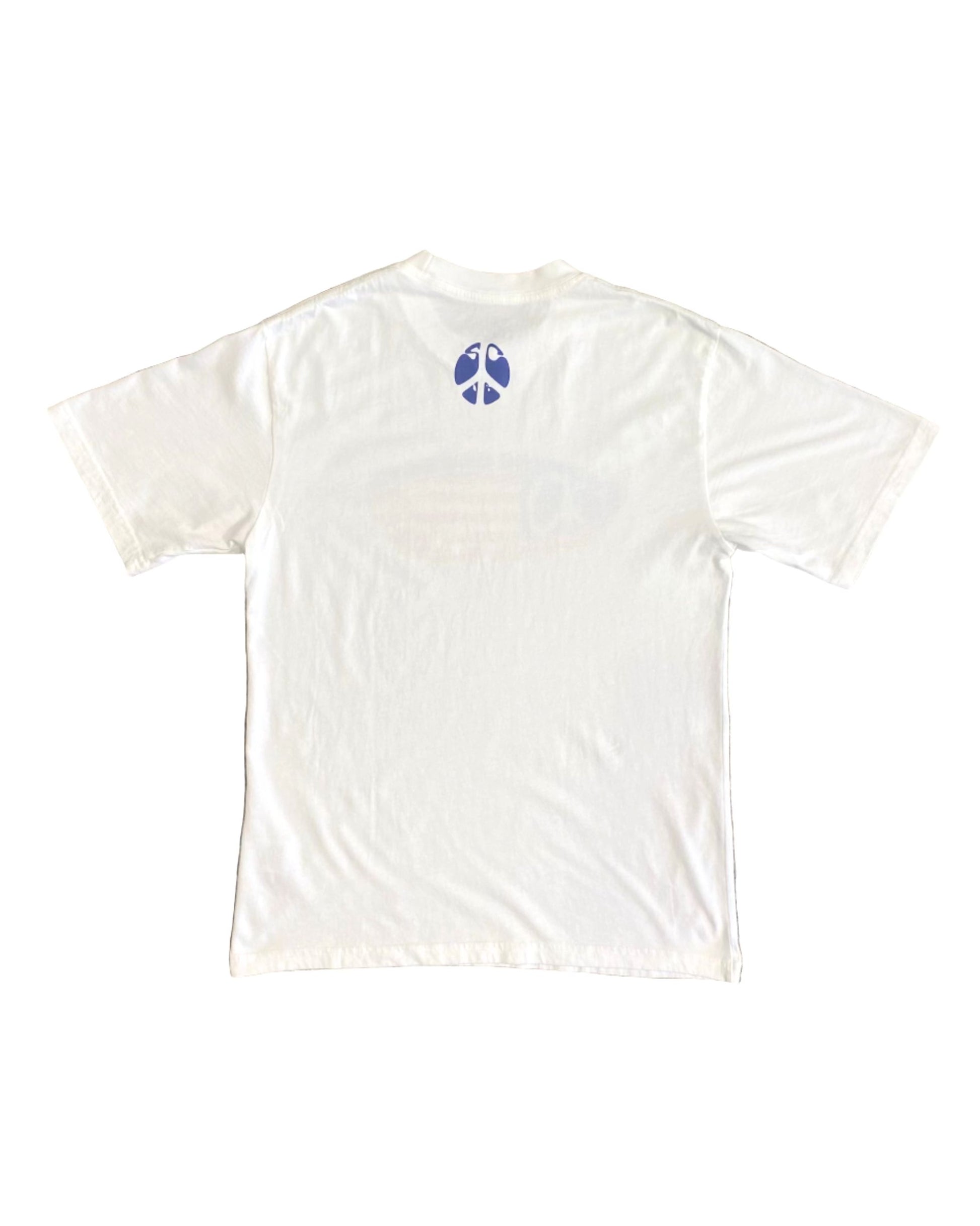 Youth-size white T-shirt with blue peace sign printed below neckline on back.