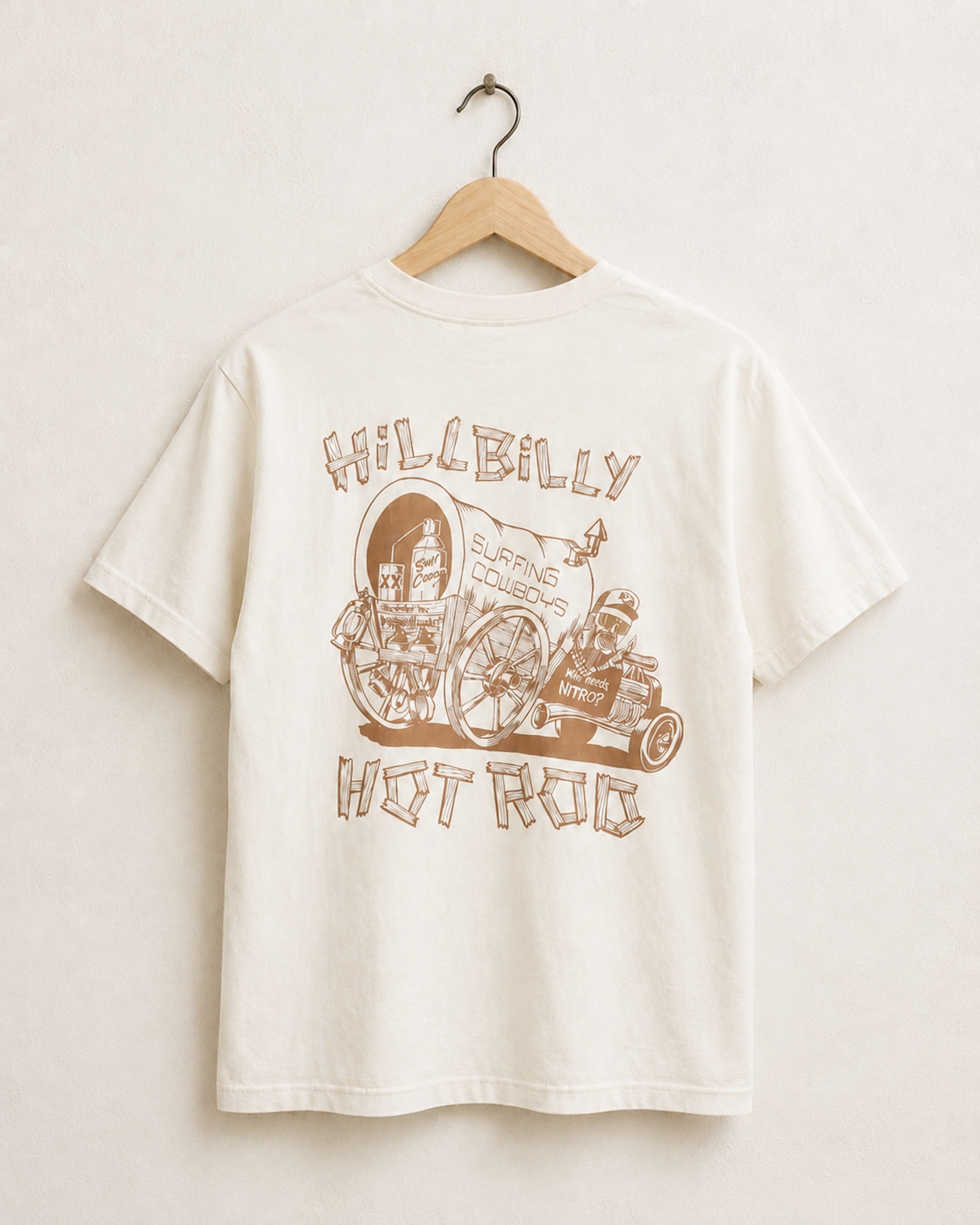 Surfing Cowboys Hillbilly Hot Rod T-Shirt in Cream with large back hot rod wagon graphic.