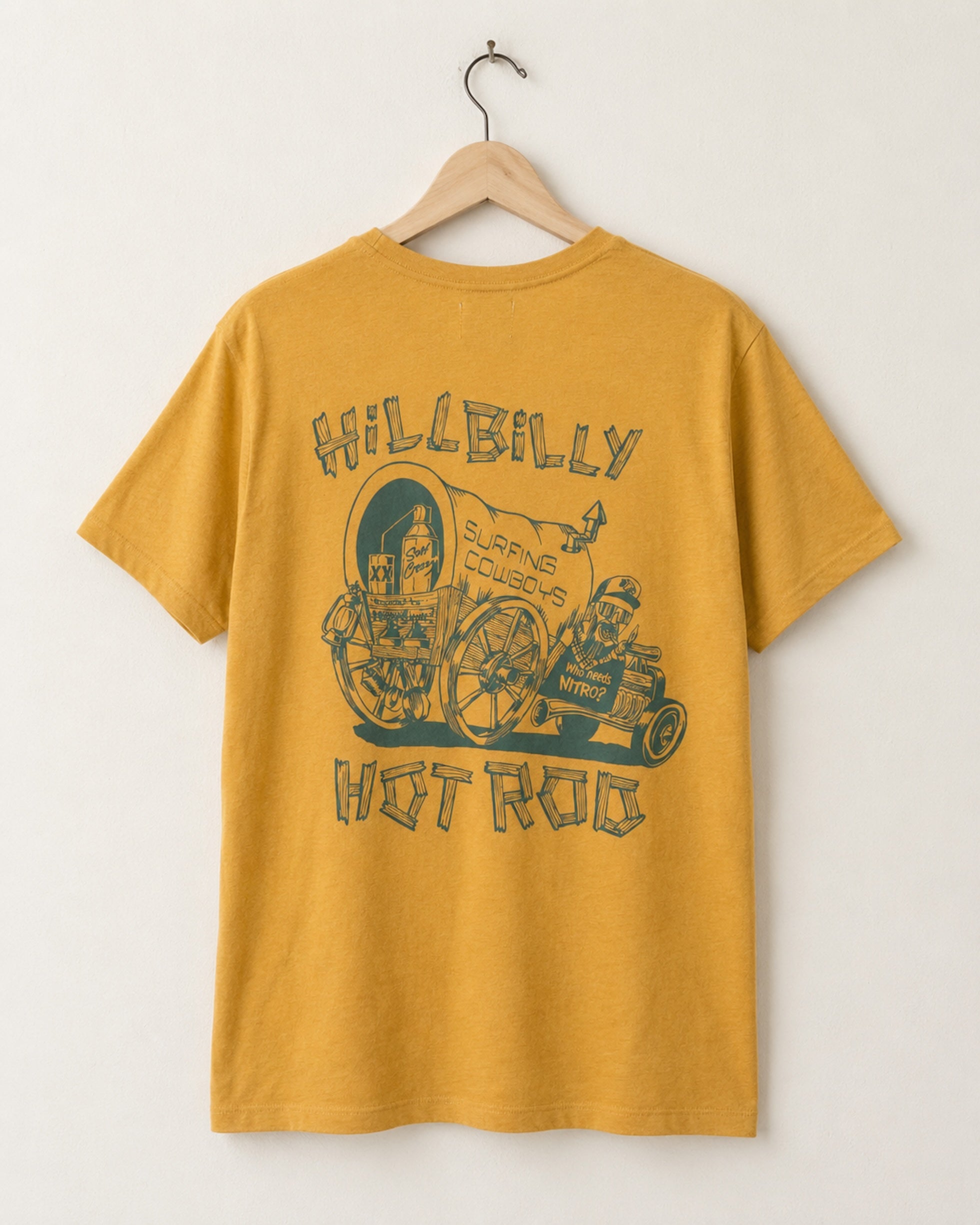 Back view of Surfing Cowboys Hillbilly Hot Rod classic T-shirt in [color] with small front chest graphic and large wagon hot rod back print.
