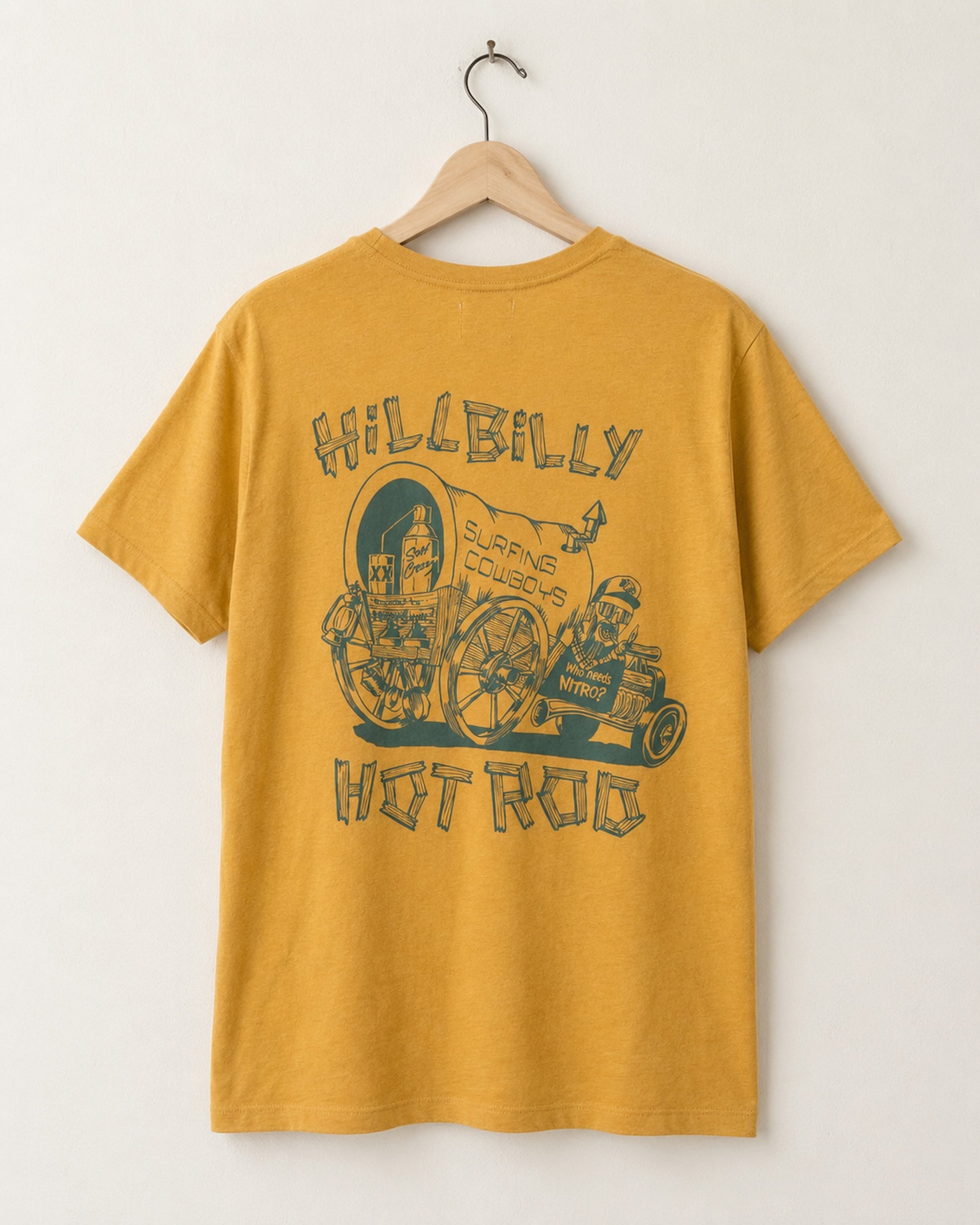Back view of Surfing Cowboys Hillbilly Hot Rod classic T-shirt in [color] with small front chest graphic and large wagon hot rod back print.
