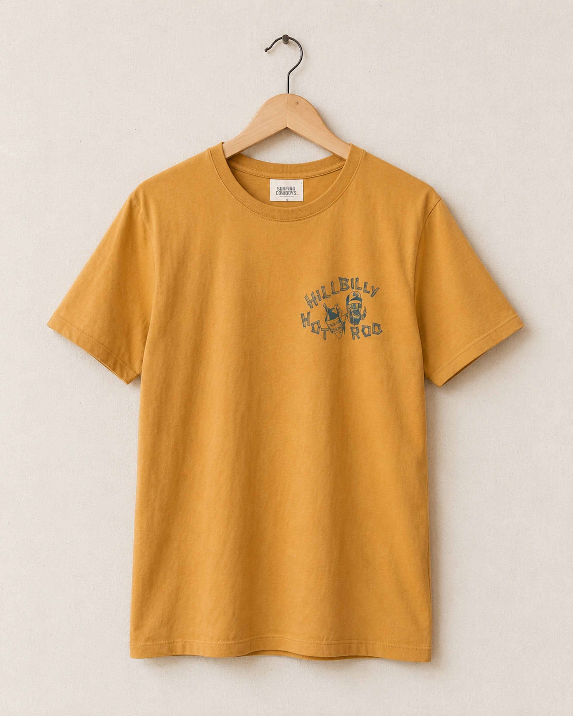 Front of Surfing Cowboys Hillbilly Hot Rod classic T-shirt in Gold Rush with small front chest graphic and large wagon hot rod back print.
