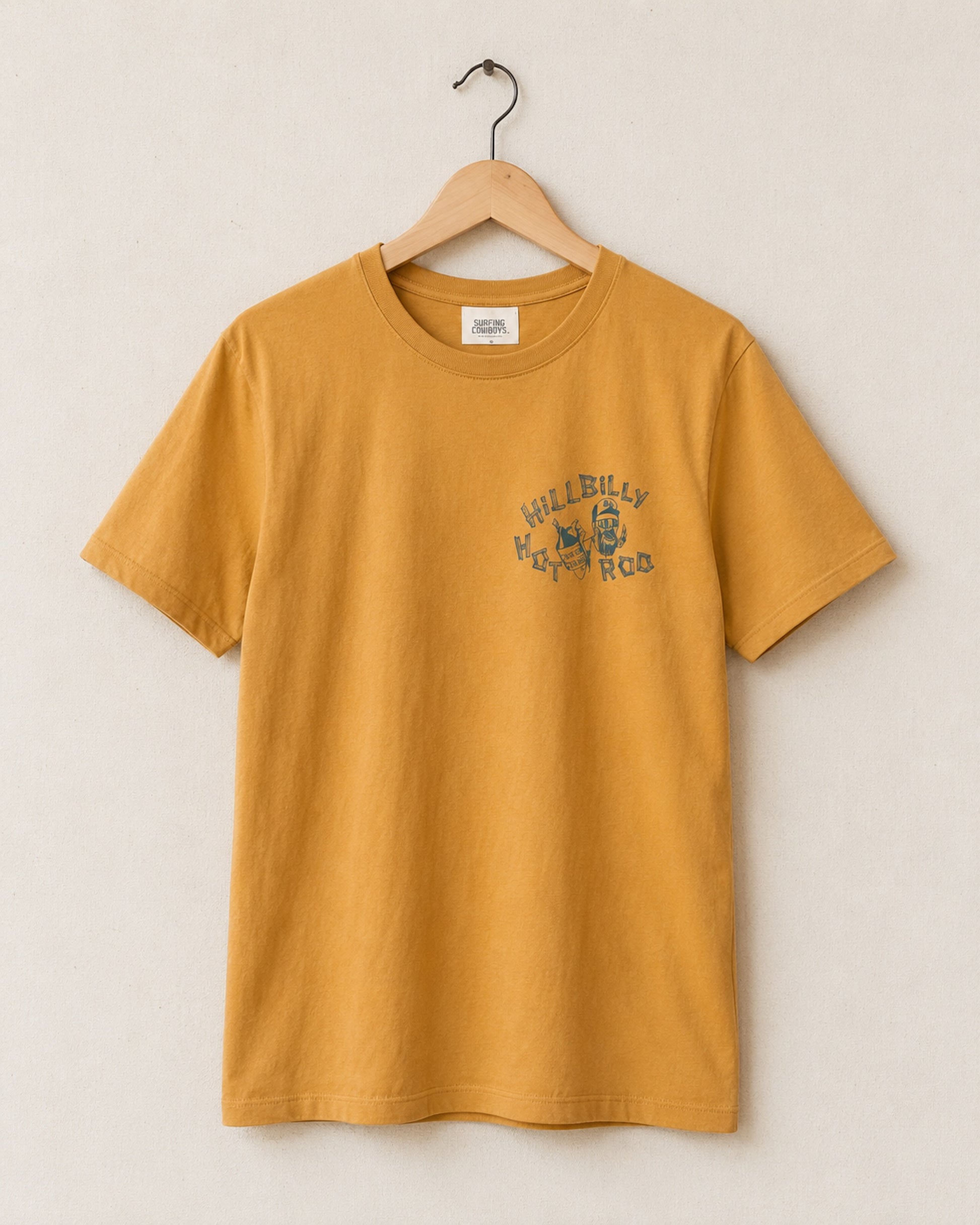 Front of Surfing Cowboys Hillbilly Hot Rod classic T-shirt in Gold Rush with small front chest graphic and large wagon hot rod back print.
