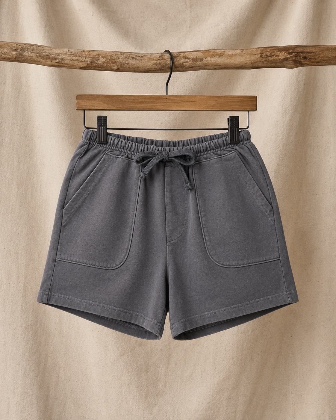 Front view of Surfing Cowboys Relaxed Shorts in Dove Grey loopback cotton with drawstring waist and patch pockets.